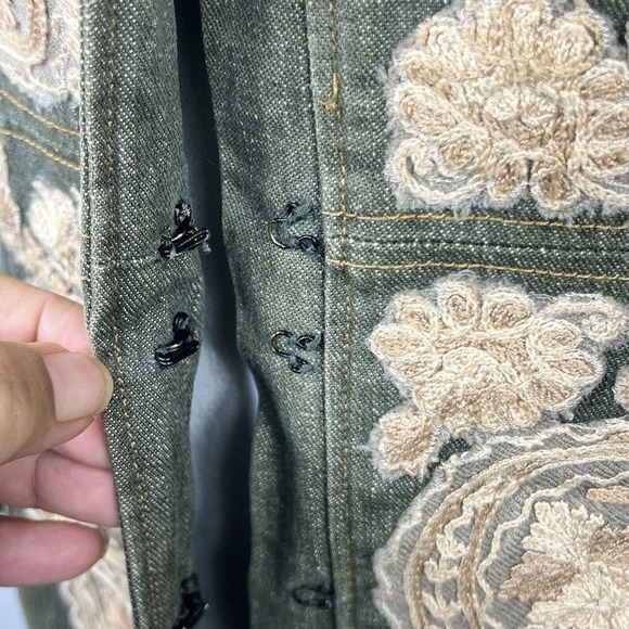 Plenty Tracy Reese Anthropologie Olive Green Embroidered Long Denim Nehru Jacket - Picture 9 of 16